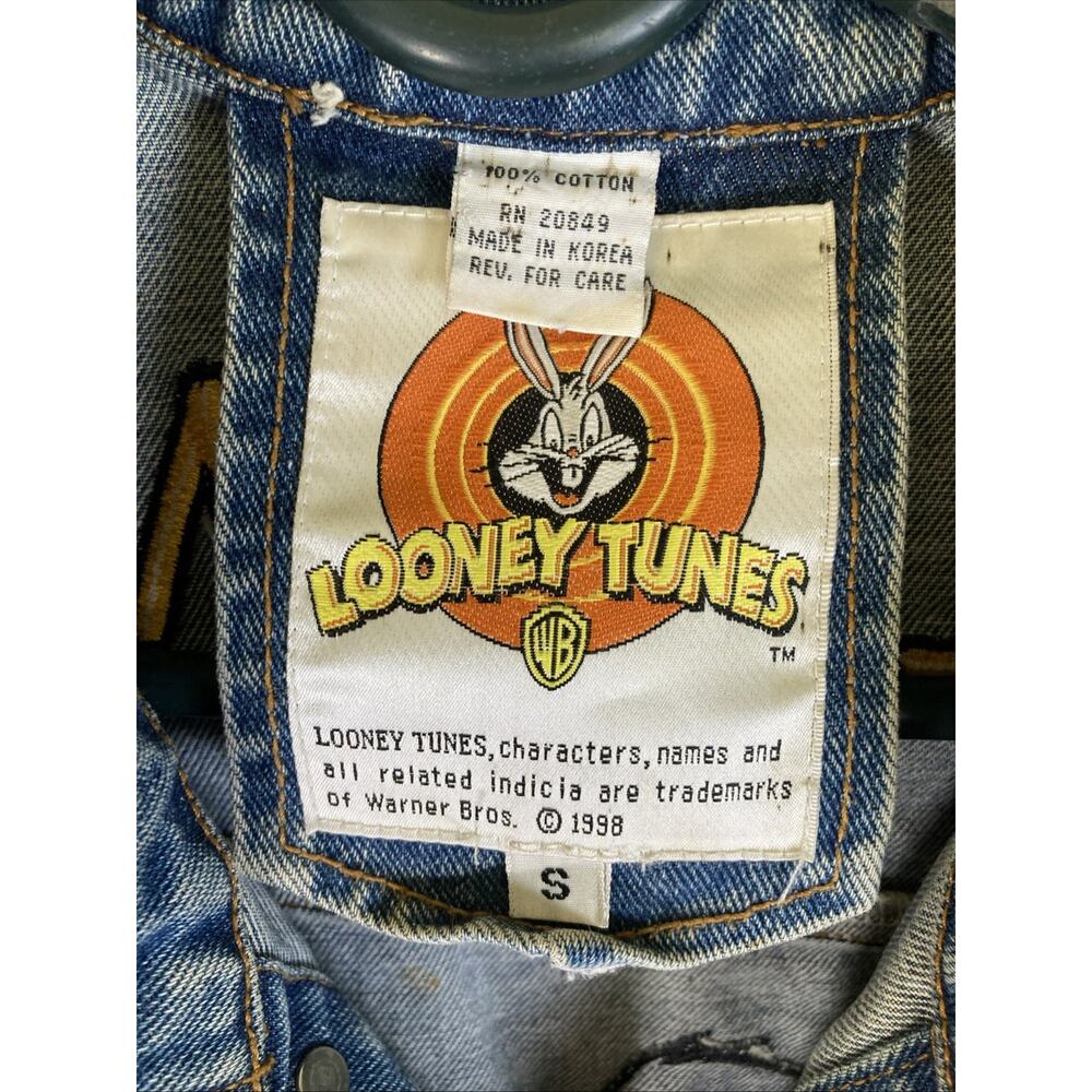 Vintage 90s Warner Bros Taz Looney Tunes Embroidered Denim Jacket Womens Small - Picture 4 of 16